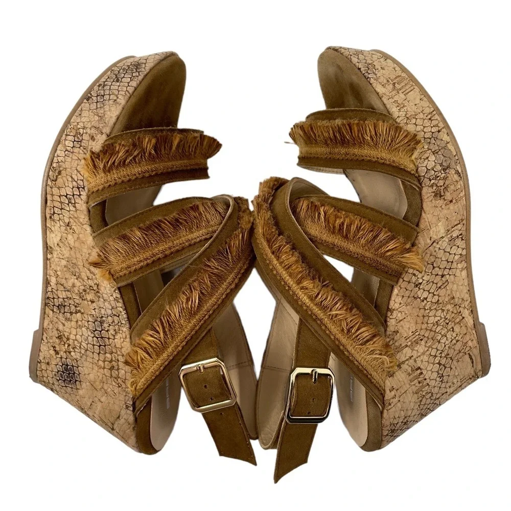 Brenda Zaro Womens Shoes 6US 36EU Tan Leather Fringe Wedge Sandals Western Boho